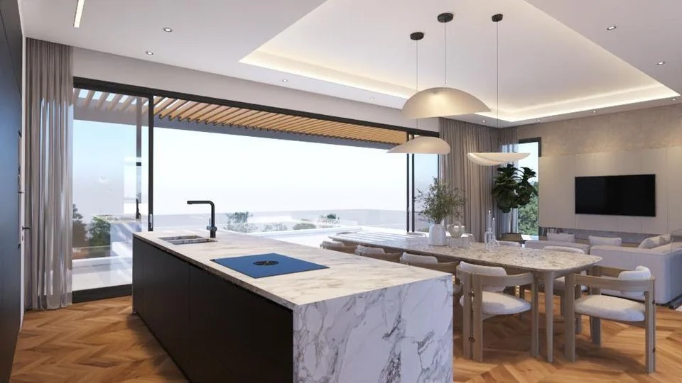 Render of the dining area and kitchen island