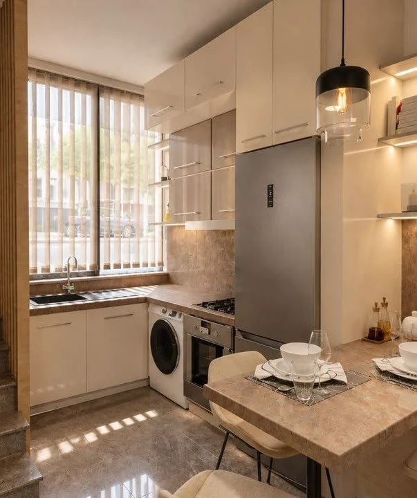 Render of the kitchen with fitted units and pendant lighting