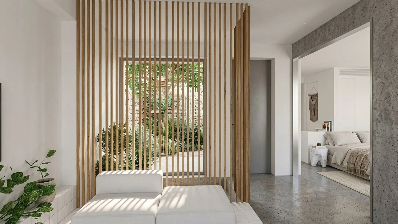 Render of a residence living area with timber screen and courtyard