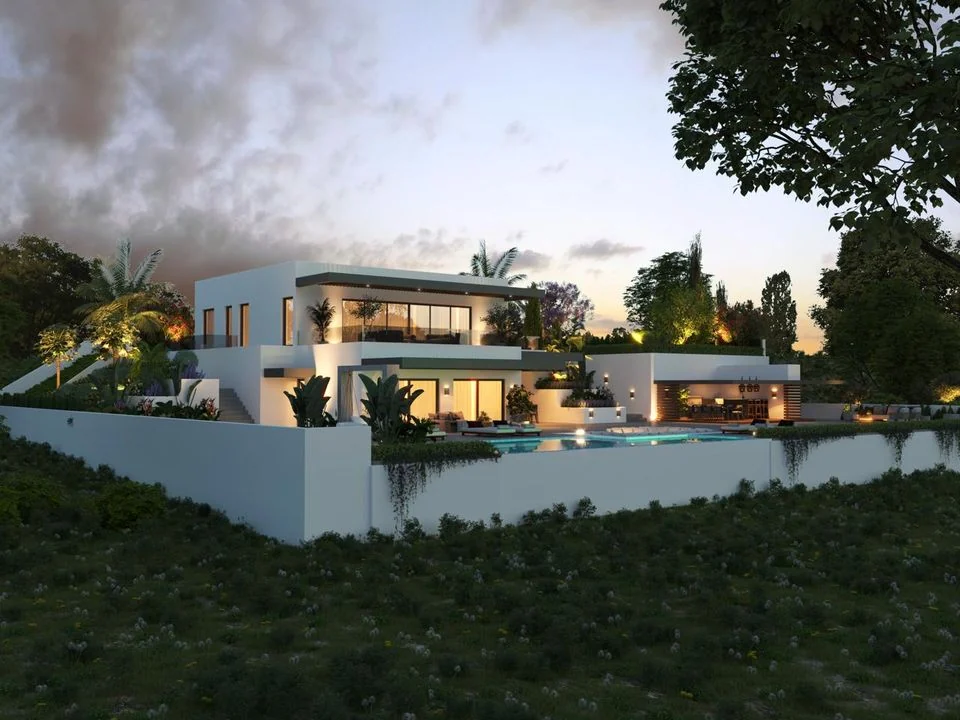 Render of the residence and gardens at dusk