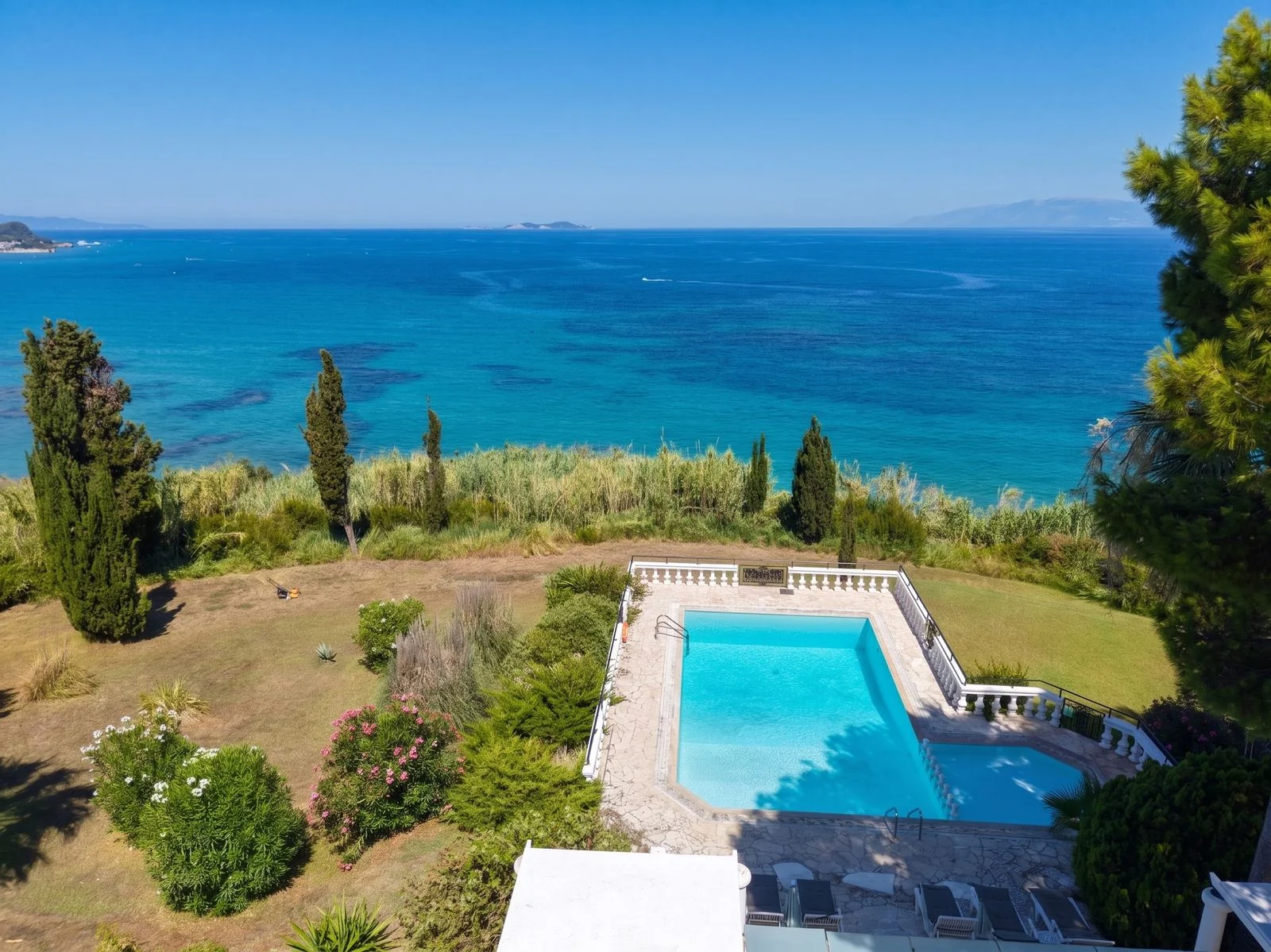 Aerial view of the pool and gardens, Corfu villa