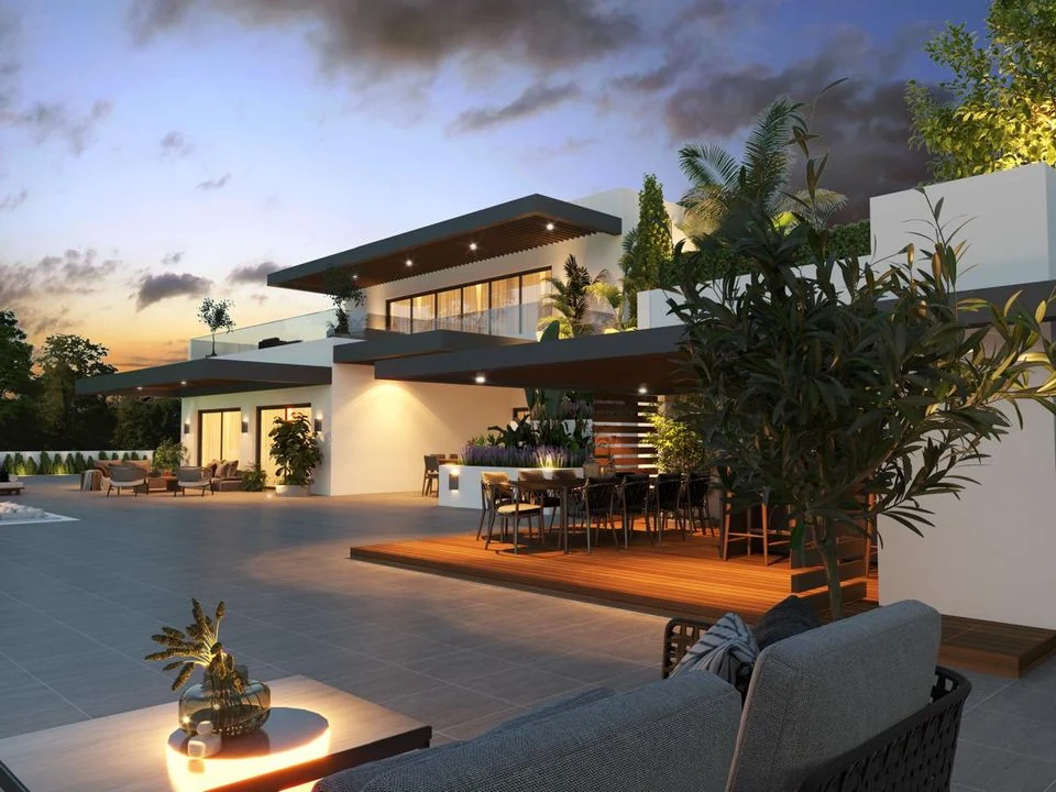 Render of the terrace at dusk with dining and lounge areas