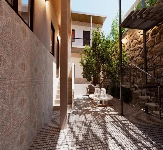 Render of the courtyard walkway and stone cladding