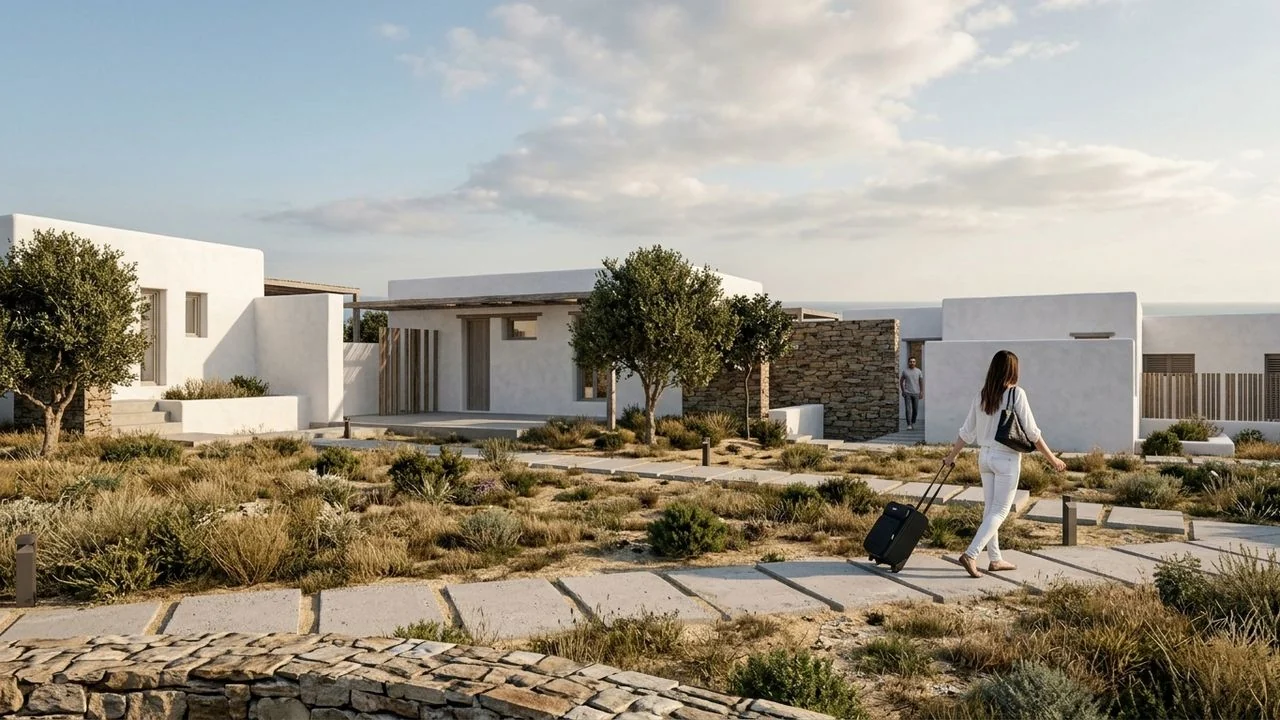 Render of the arrival path between the whitewashed residences and stone walls