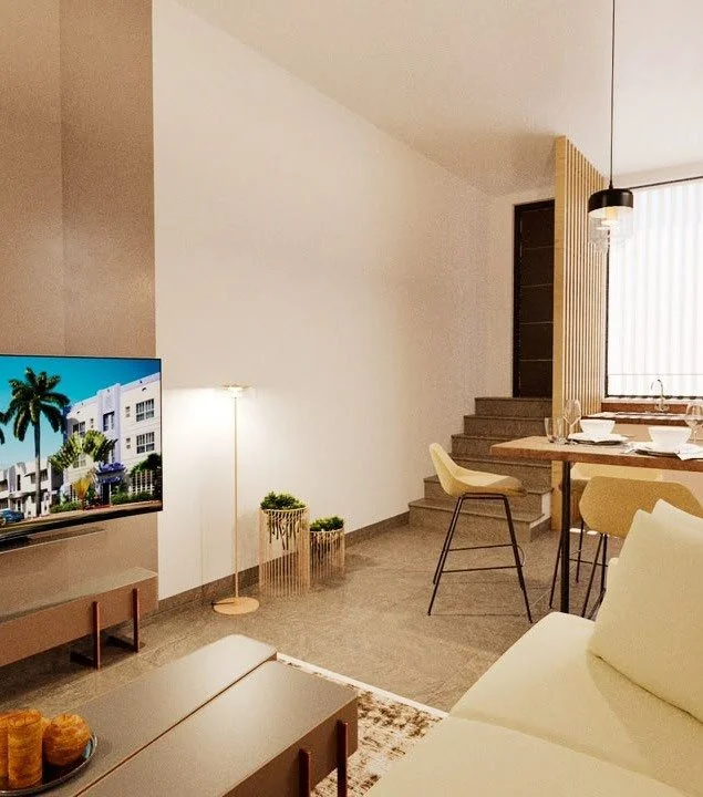 Render of the open-plan living and dining space, Neos Kosmos apartment