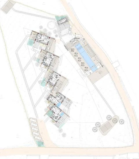 Site plan of the five residences and shared pool