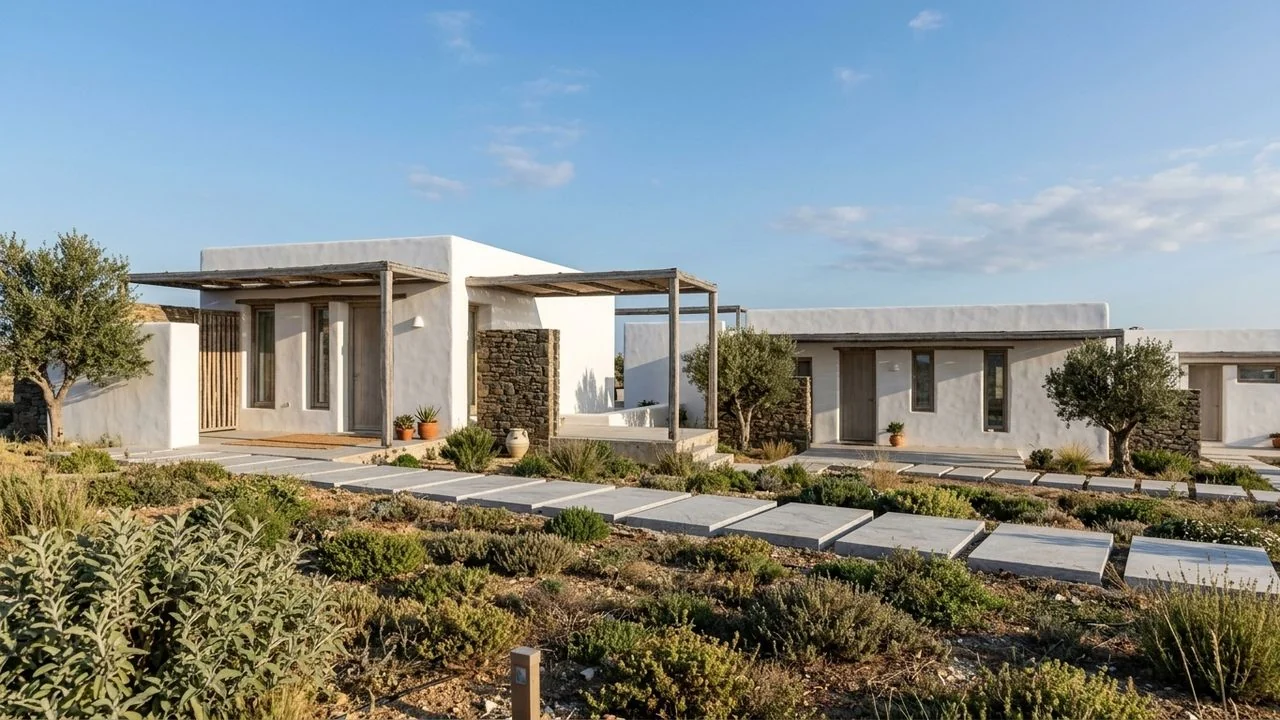 Render of the residences set in native planting with stone-slab path