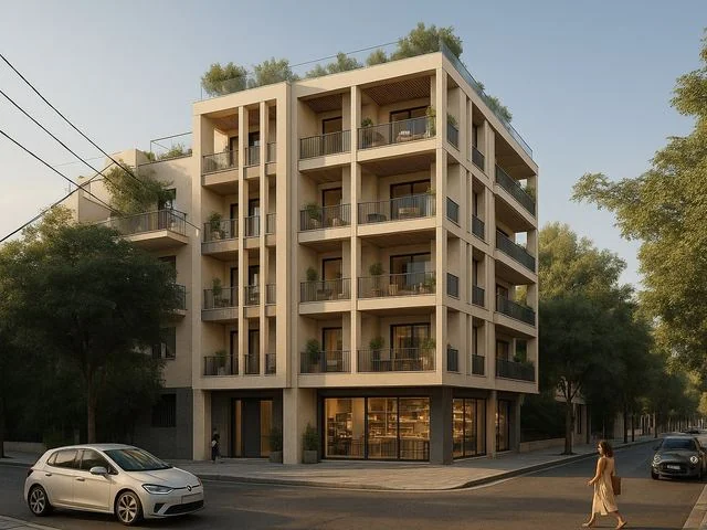 Concept render, corner building, Pagkrati