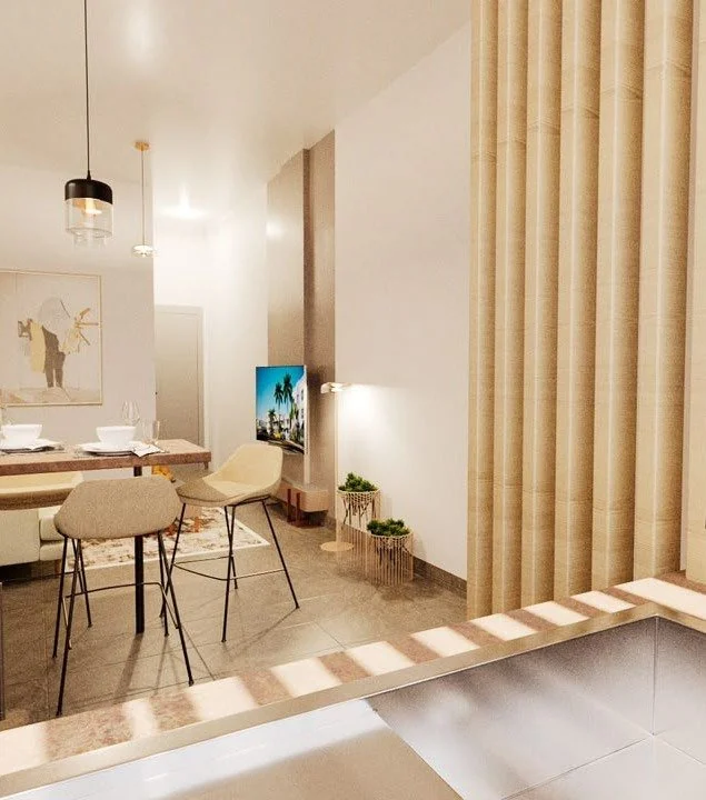 Render of the dining and living area with oak slat partition