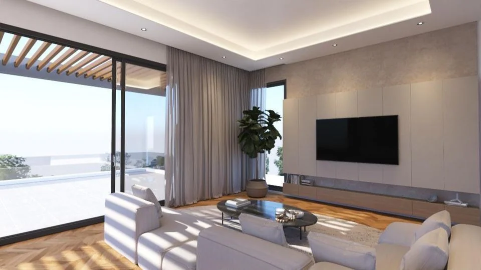Render of the living room with sea view