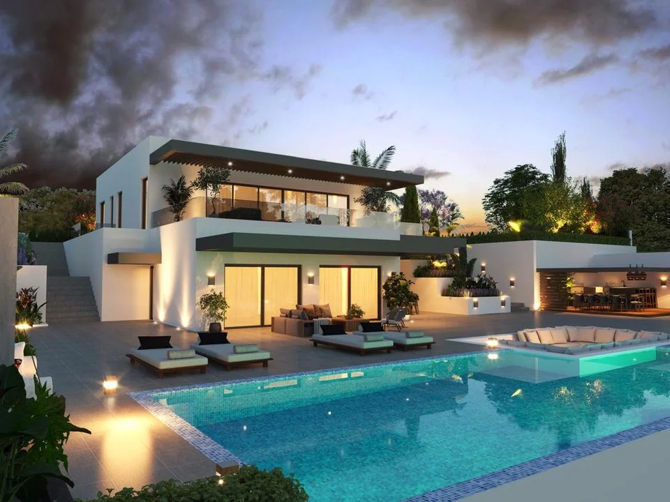 Render of the pool and terrace at dusk