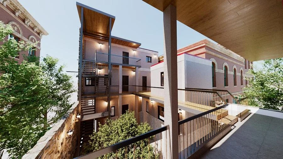 Render of the restored Sepolia building's rear courtyard and balconies
