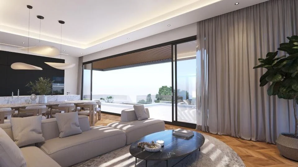Render of the open-plan living and dining space with sea view