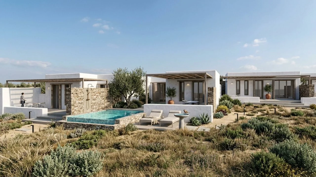 Render of the residences with private plunge pool and pergola terraces