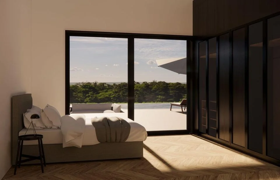 Render of the primary bedroom opening onto the terrace