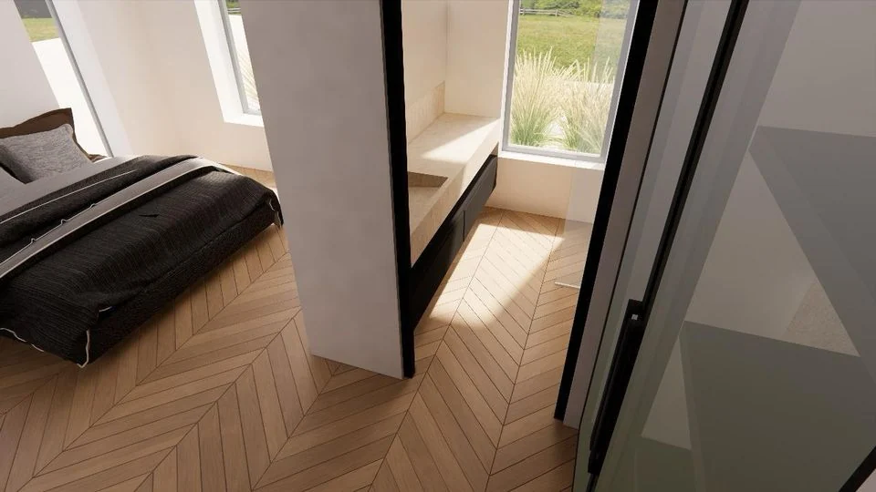 Render of a bedroom with oak flooring and garden view