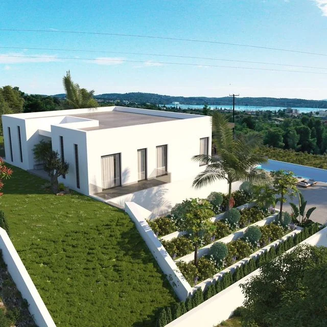 Aerial render of the residence above the lagoon, daytime