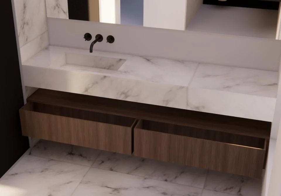Render of the marble bathroom vanity