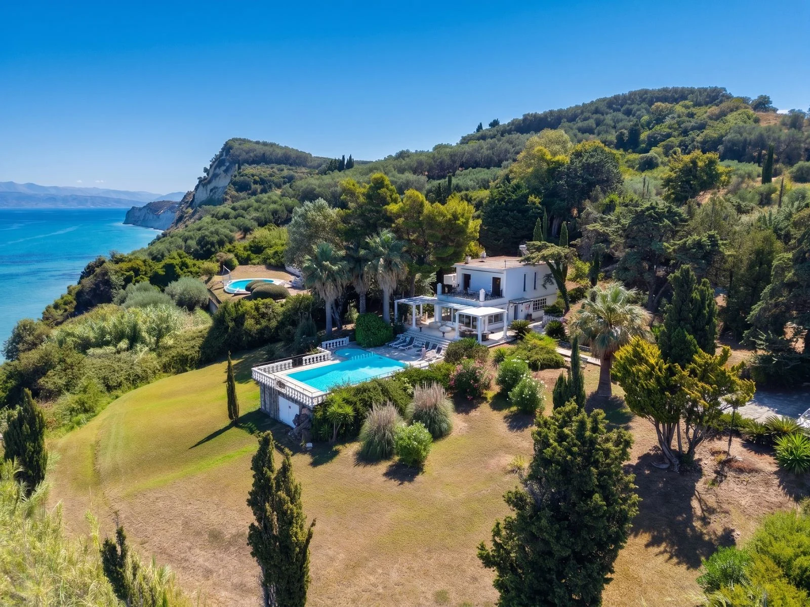 Aerial view of the seafront villa and pool on Corfu's north coast