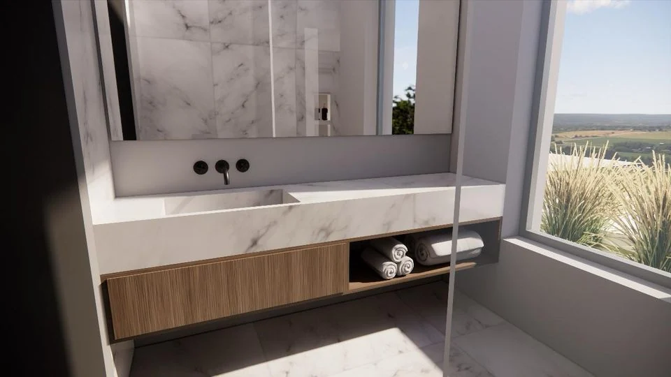 Render of the bathroom with a window onto the landscape