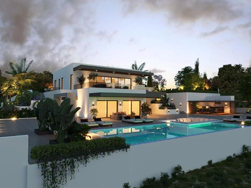 Render of the pool and residence from the side at dusk