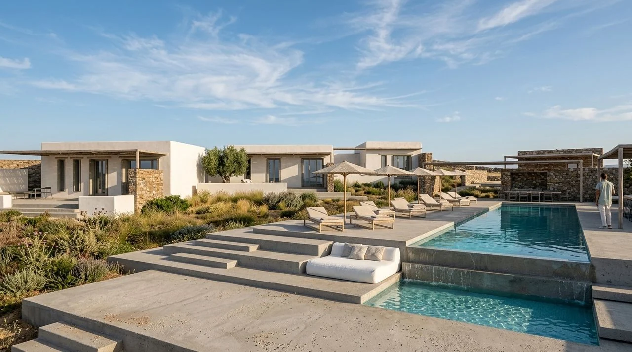 Render of the shared pool, terraces and residences, Kimolos
