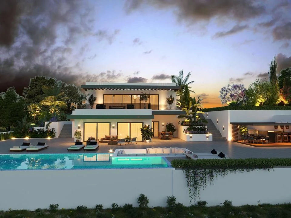 Render of the pool terrace and residence at dusk