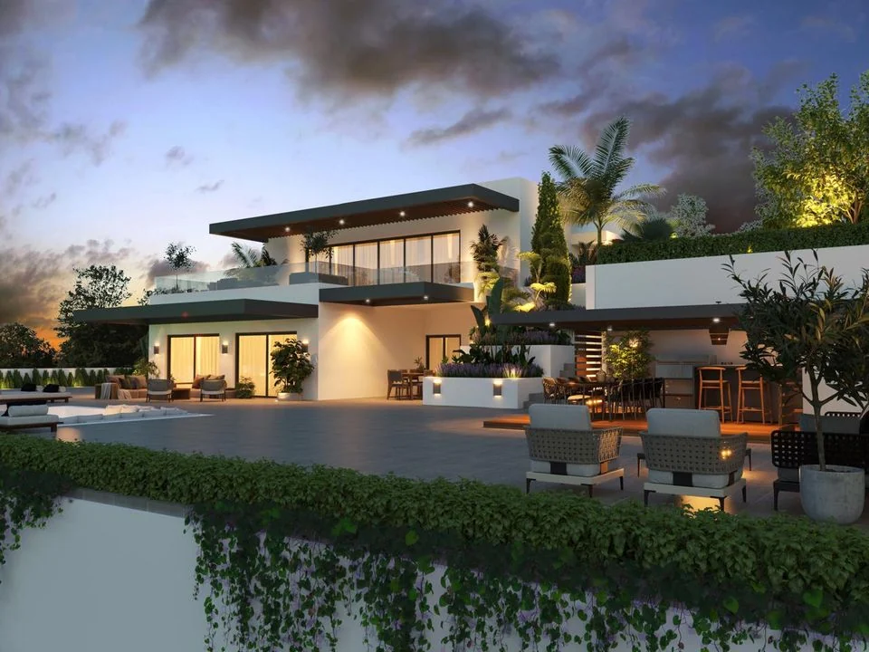 Architect's render of the finished residence at dusk
