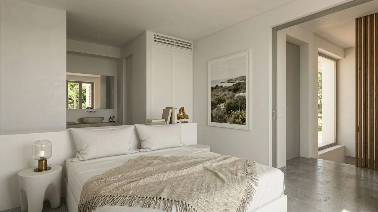 Render of a residence bedroom with stone basin and garden view